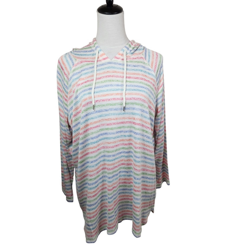 T by Talbots Womens 1X Multicolor Striped Knit Hoodie Pullover‎ Rayon Blend